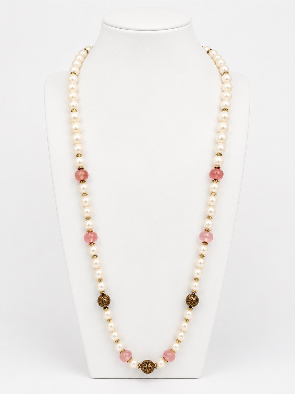 Vintage Faux Pearl & Pink Glass Beaded Long Necklace | Antique Gold Filigree 32”